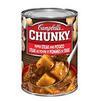 Can of Cambell's Chunky pepper steak and potato soup.