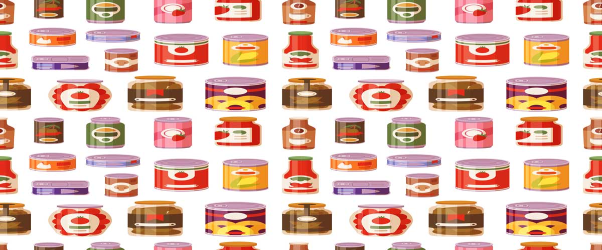 Multiple tin cans of various foods placed around the image. 