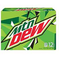 Product image of a green cardboard case of Mountain Dew.