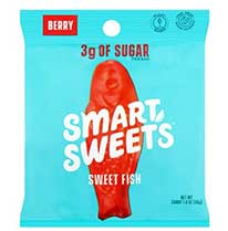 Product image of light blue Smart Sweet red gummy fish candy bag.