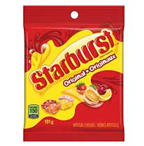 Product image of a red and yellow Starburst original fruit candy bag.